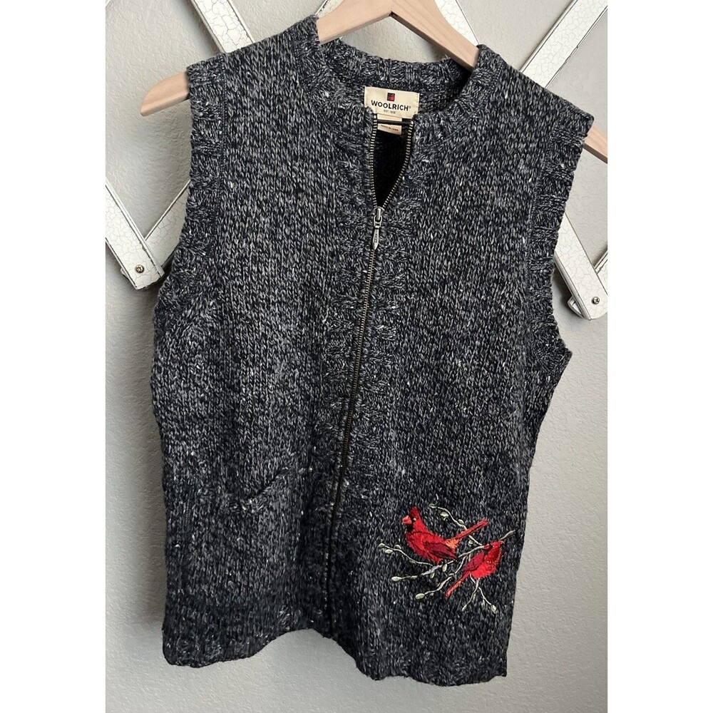 NWT! Woolrich Women's M Cardinal Embroidered Zip Sweater Vest Black Heather